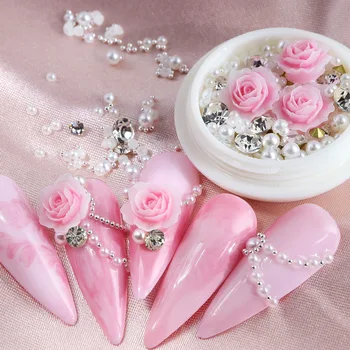 Hot Sale Carved rose resin flower Nail Art Jewelry Round White Pearl DIY  Nail Decoration Accessories For Nail Tips Beaty