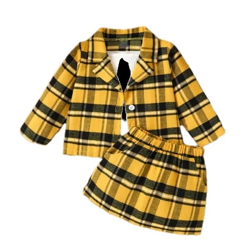 Wholesale Autumn Baby Clothes Girls Plaid Cotton Long-sleeved Jacket Skirt Suspenders Hat 4pcs Girls Clothing Sets 2023