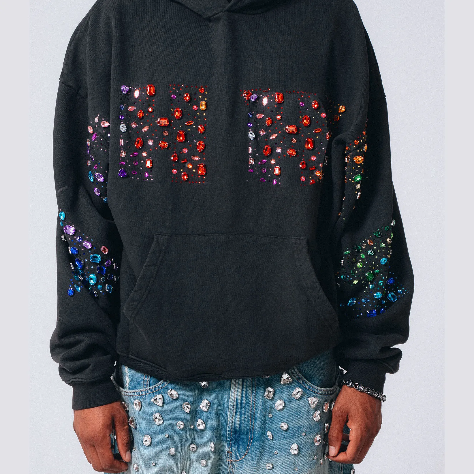 Clothing Manufacturers Streetwear Custom Unisex Stone Vintage Wash Men's Rhinestone Hoodie Sweatshirt for Men supplier