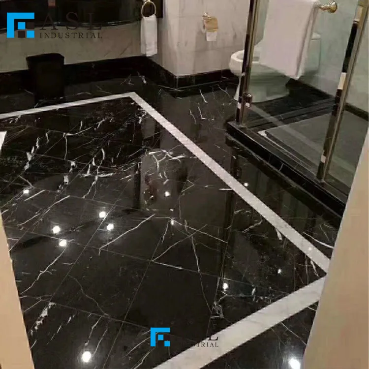 Polished natural white veins glossy black floor tiles design bathroom stone slab Chinese floor nero Margiua tiles and pure blac