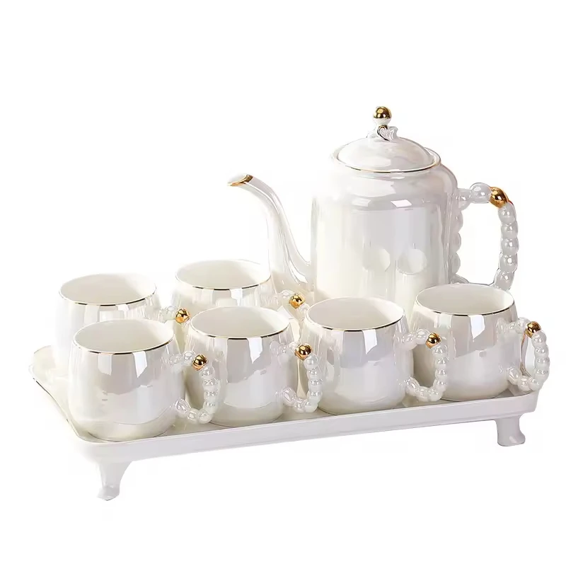 Nordic Pearl Glass Ceramic Water Set Color Glazed Gold Edge Coffee Cup Tea Set with Tray