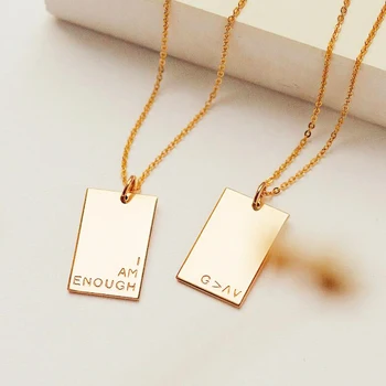 Personalized Minimalist Stainless Steel Customized Geometric Jewelry Engraved I am enough Pendant Rectangle Pendant Necklace