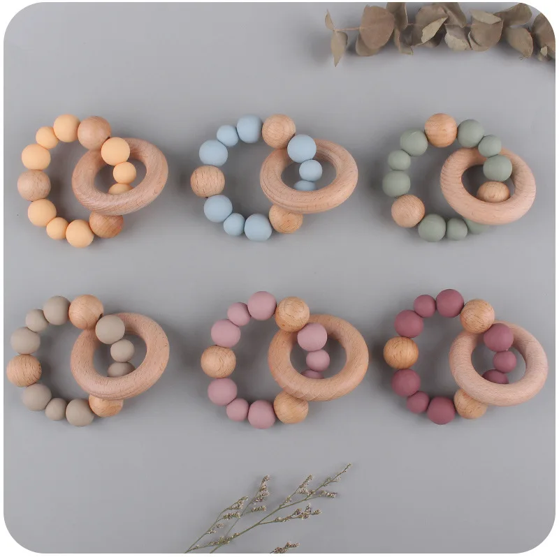 Baby Health Nursing Bracelets Teether Toys Silicone Beads Beech Wooden