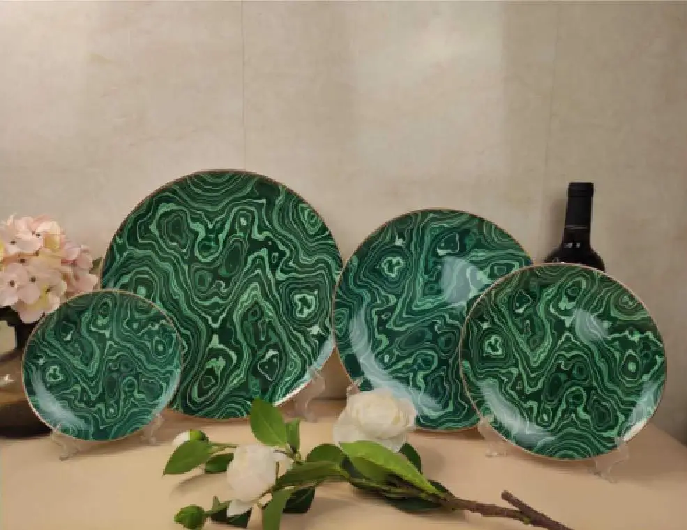 Moderna ceramika vespermanĝa plato aranĝita geedziĝo porcelana kroĉita telero kun ora rando 5