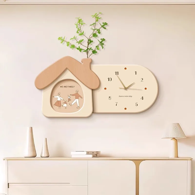 Wooden Family Wall Clock House Shaped Silent Non Ticking With Plant Vase Minimalist Beige Home Decor Living Room Kitchen