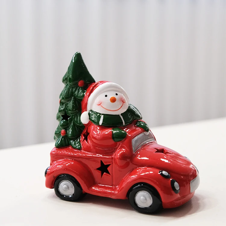 Dolomite  ceramic santa claus snowman driving car Christmas decoration with led light for kids gifts