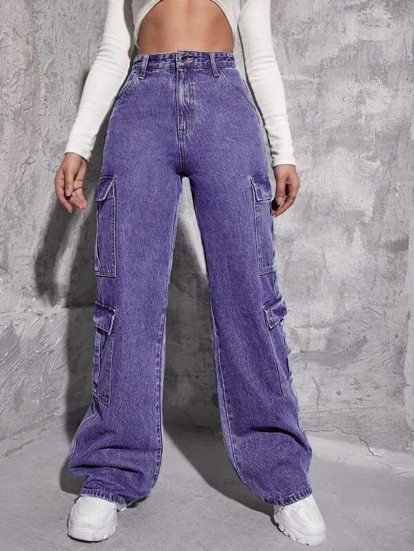 Wholesale High Quality High Waist Pocket Cargo Pants Jeans Women Pocket Boyfriend Jeans details