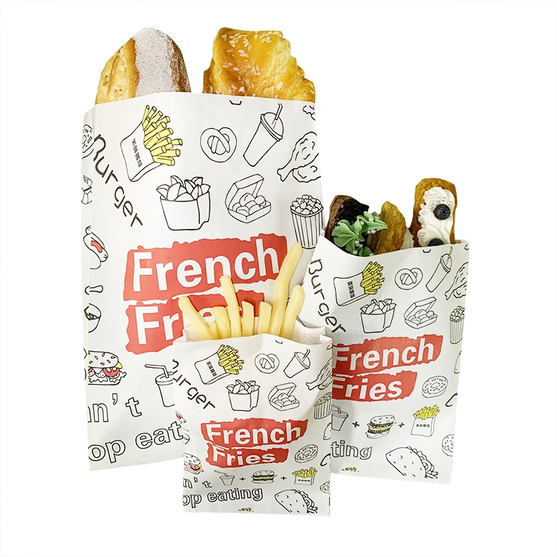 Custom Logo Disposable French Fries Hamburgers Street Food Snacks Bread Donuts Take Away Sharp Bottom Greaseproof Paper Bag