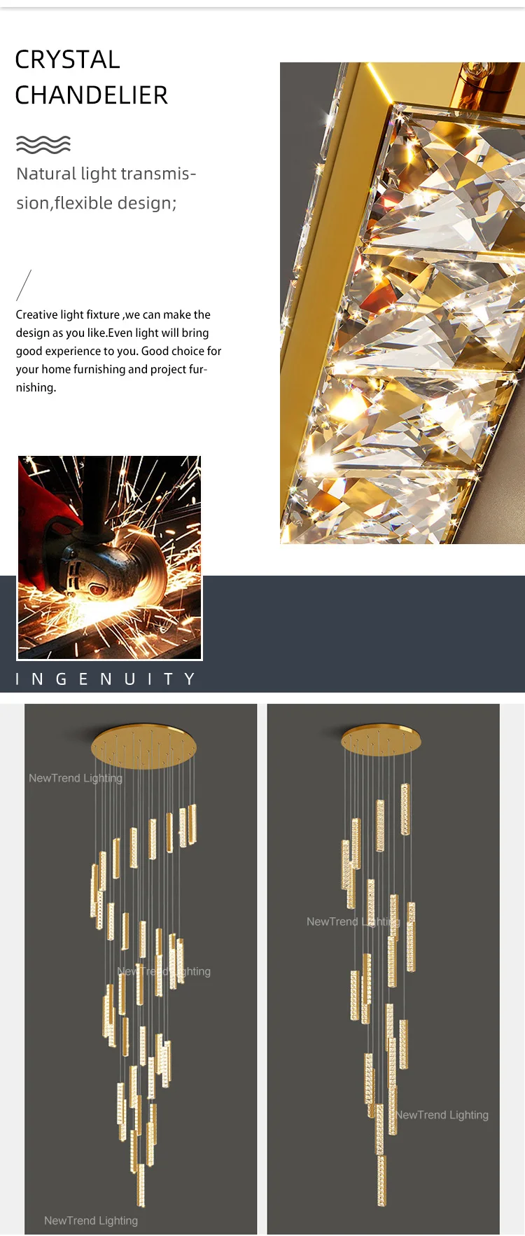 CPL-297 Modern Indoor Decoration Hanging Pendant Light Hotel Villa Staircase Luxury Crystal LED Chandelier supplier