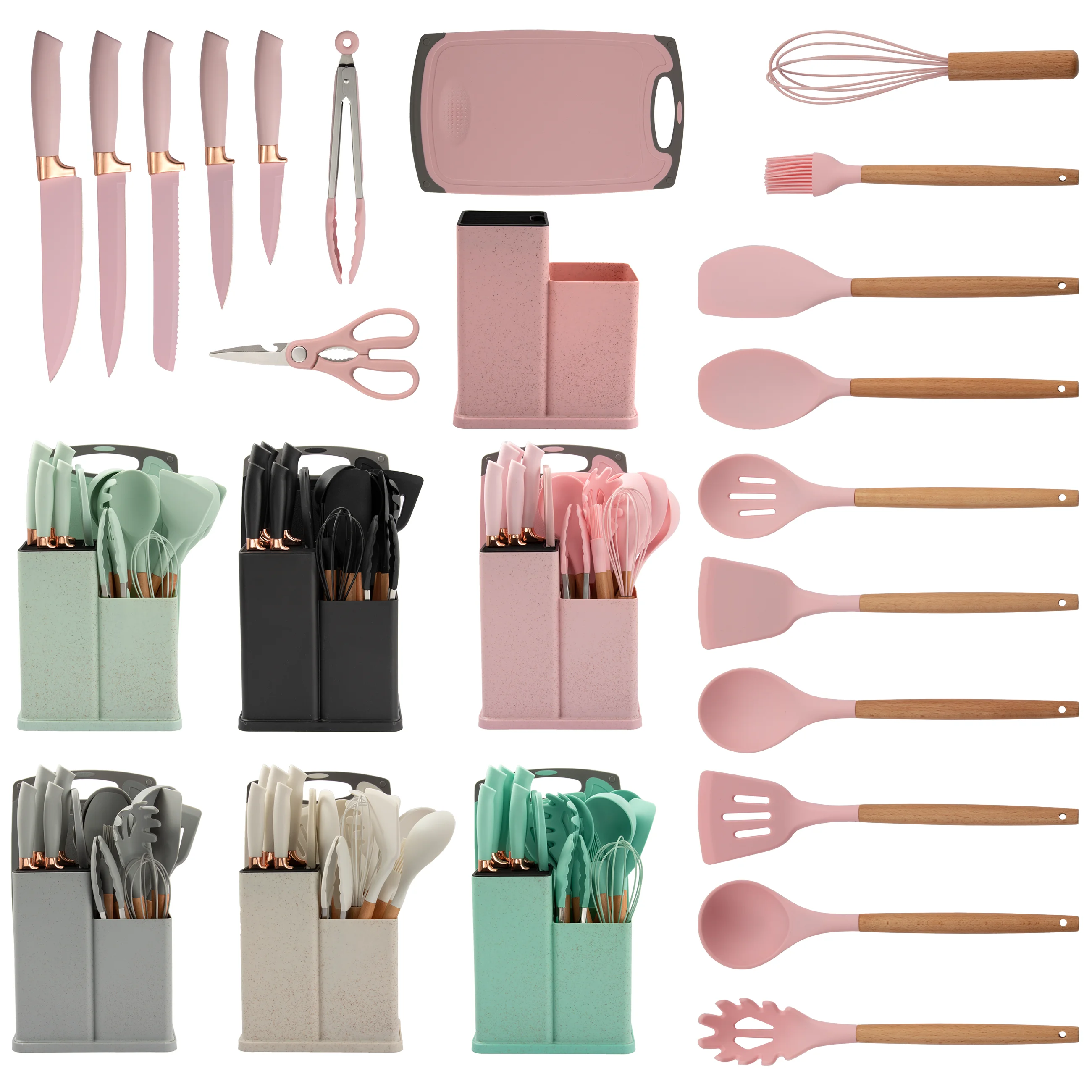 Newest 19 Piece Set Of Silicone Kitchen Utensil Set With Wooden Handle And Cuttings Board Storage Bucket Kitchen Gadget Set