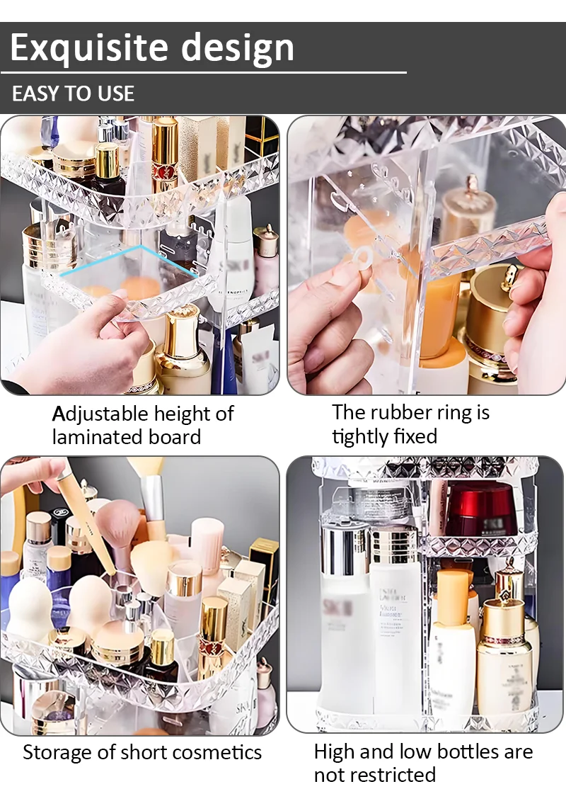 product hot products light luxury 360 degree rotating transparent plastic adjustable cosmetic organiser rotating make up organiser-8