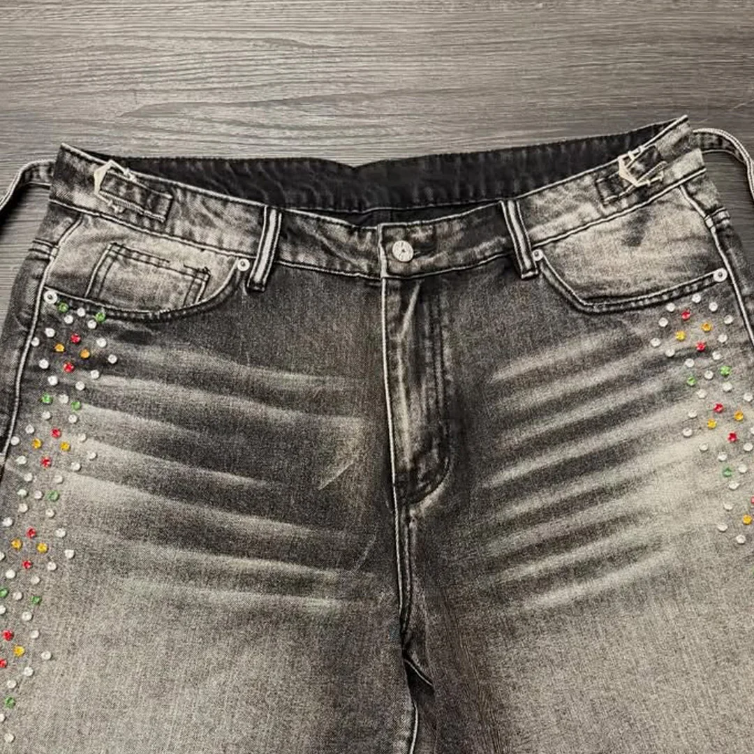 product high end custom street color rhinestone dtg digital print denim shorts hotfix rhinestone embroidery men retro washed shorts-2