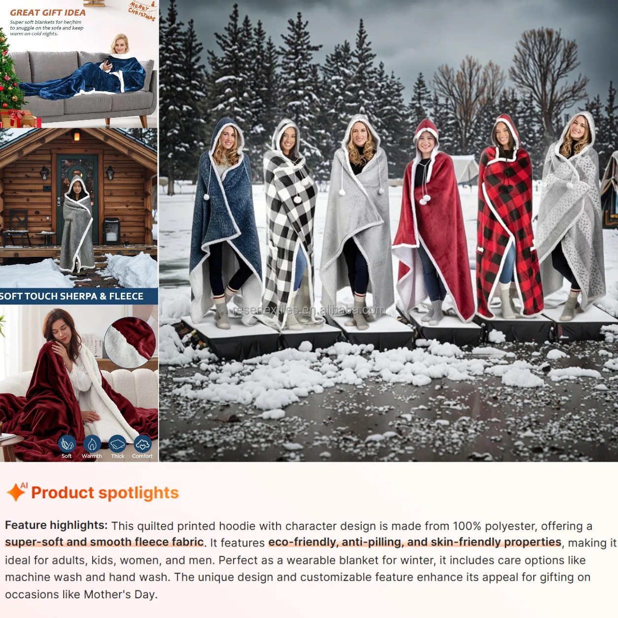 Super Soft Cozy Quilted Plush Flannel Fleece Sherpa Eco-Friendly Wearable Throw Hoodie Hooded Blanket Character Angel Wrap