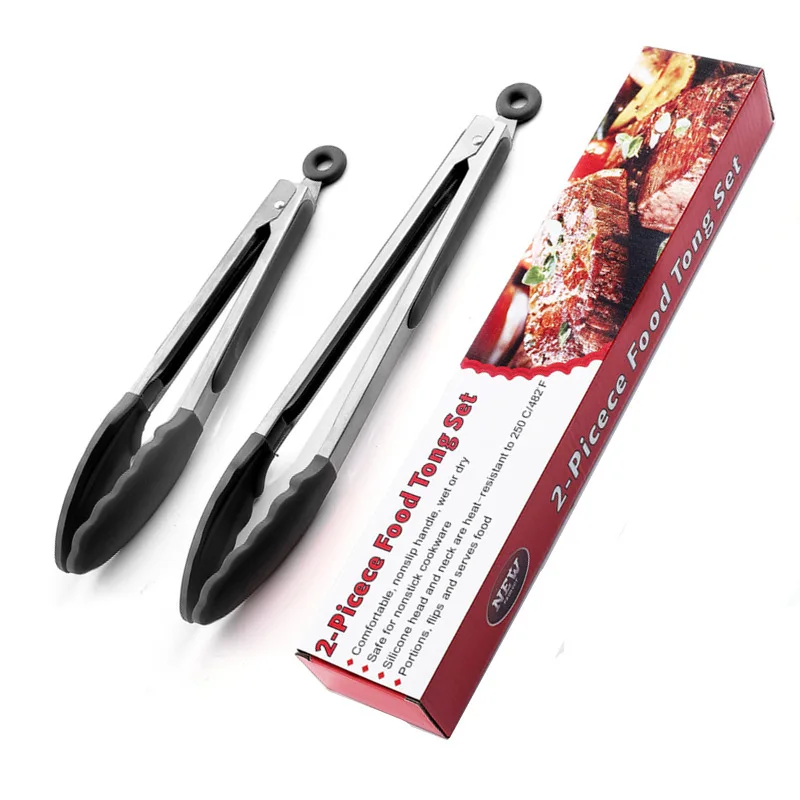 2 Pack Black Kitchen Tongs,Silicone BPA Free Non-Stick Stainless Steel BBQ Cooking Grilling Locking Food Tongs, 9-Inch & 12-Inch