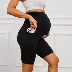 Maternity  Sports Tight Pants High Waist Slim Fitness Pregnancy Over The Belly Shorts With 2 Deep Side Pockets