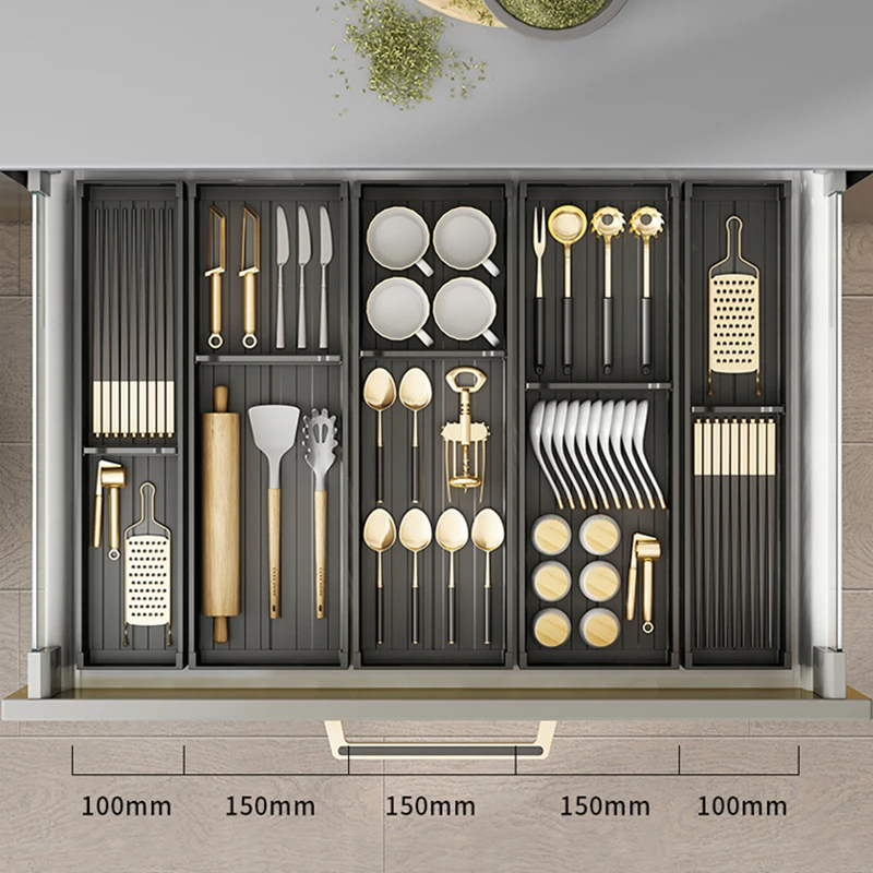 Household Cabinet Built-in Aluminum Utensil Storage Tray Kitchen Drawer Divider Cutlery Storage Box