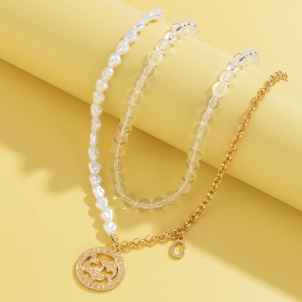 Simple hollow double fish pendant transparent beads splice irregular pearl necklace accessories women