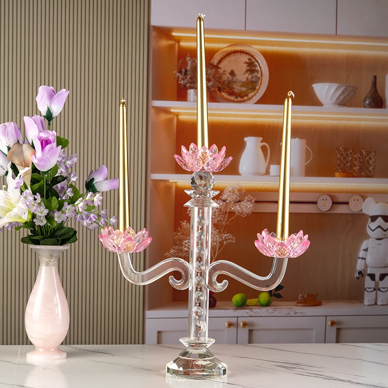 product small bridge glass high long handle three arm flower shaped candle holder wedding center home decoration candle holder-5