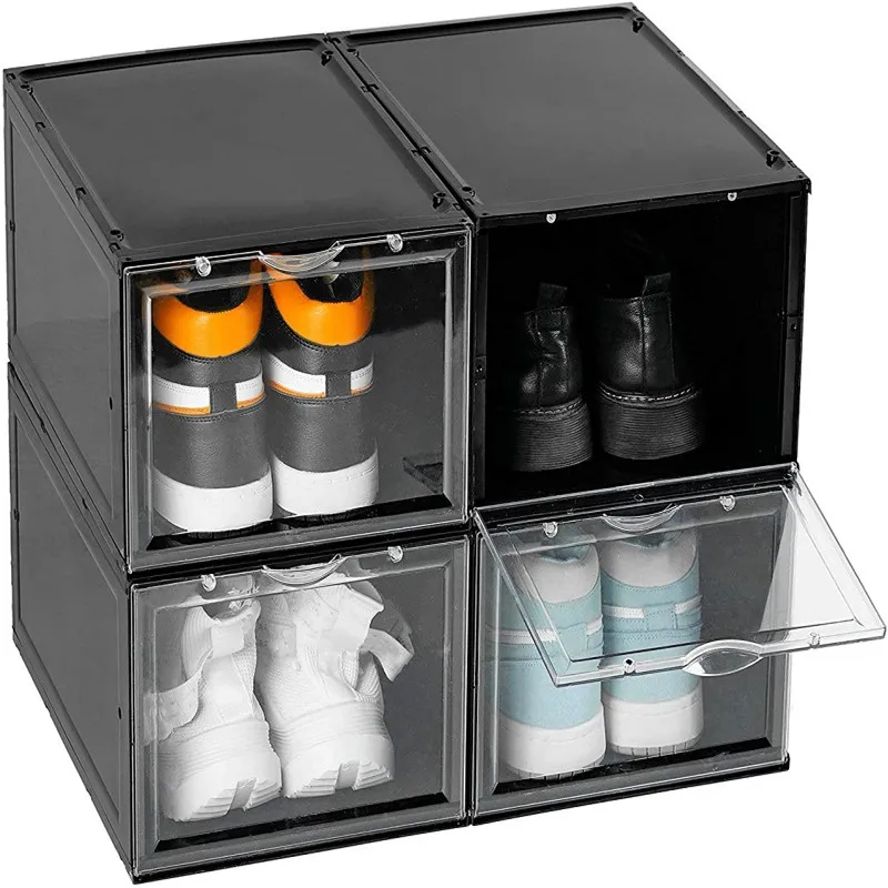 Factory price shoes box magnetic drop front clear stackable sneaer display box large plastic shoe box