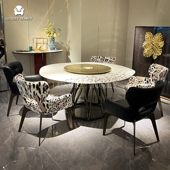 Italian Luxury Marble Lazy Susan 8 Seaters Dining Furniture Set Round Marble Dining Table Leather Wooden Dining Chairs Set