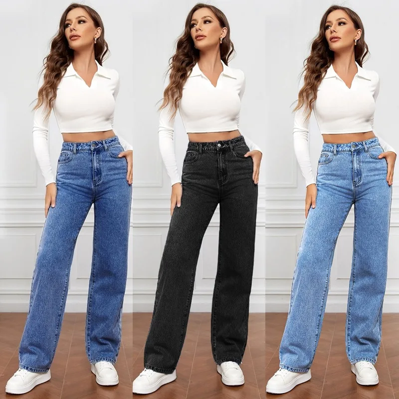 Women Jeans Straight Leg High Waist Blue Washed Cowboy Denim Pants Vintage 90's Streetwear Jeans factory