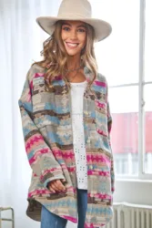 Western Aztec Print Button Flap Winter Fall Pink Grey Tweed Long Sleeve Tribal Indian Style AZTEC  Print Shacket Jacket Coats