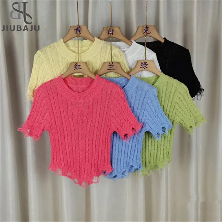 Tassel Knitted T Shirt Women Clothes Crop Top Short Sleeve Korean Fashion Summer 2023 Slim Tees Tops