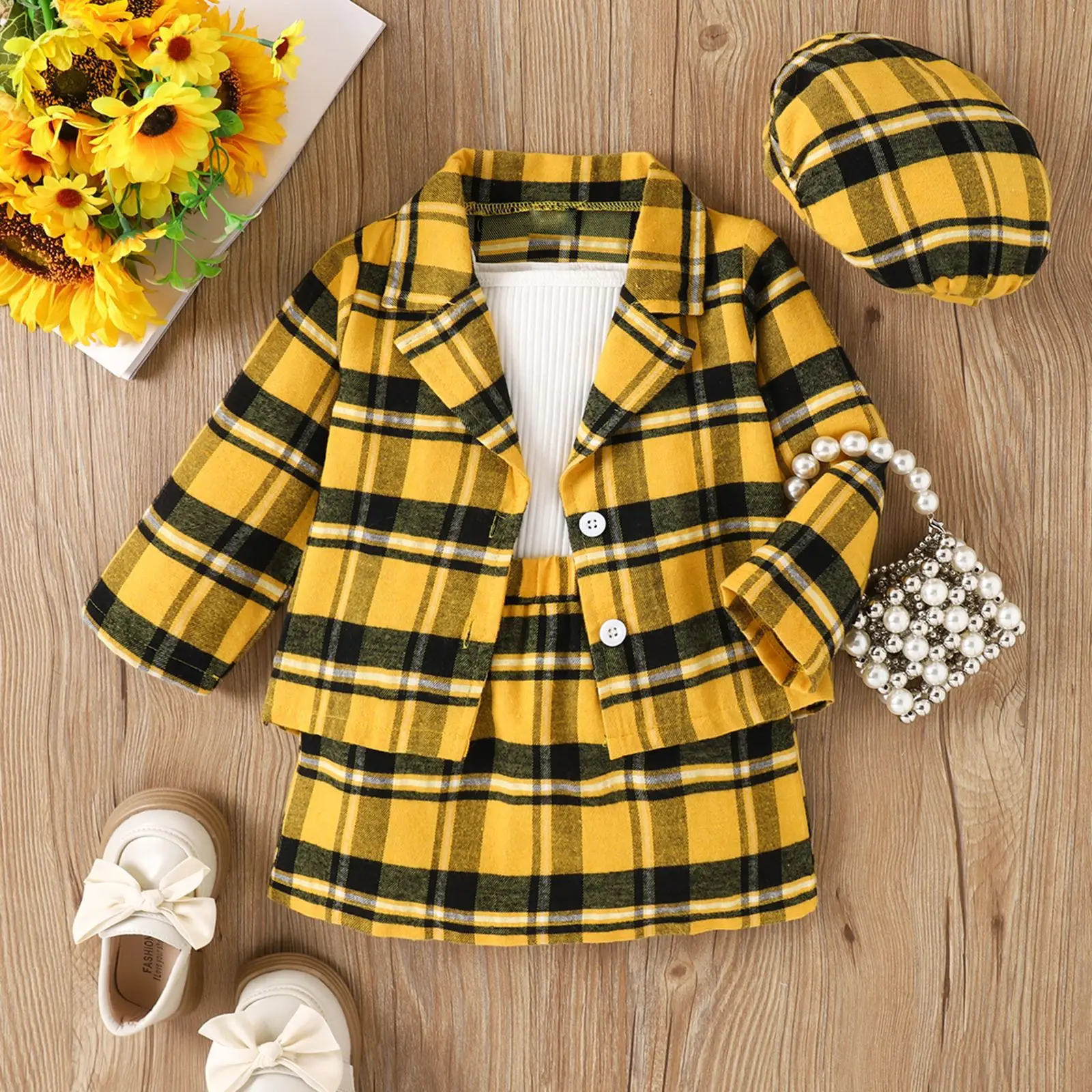 Wholesale Autumn Baby Clothes Girls Plaid Cotton Long-sleeved Jacket Skirt Suspenders Hat 4pcs Girls Clothing Sets 2023