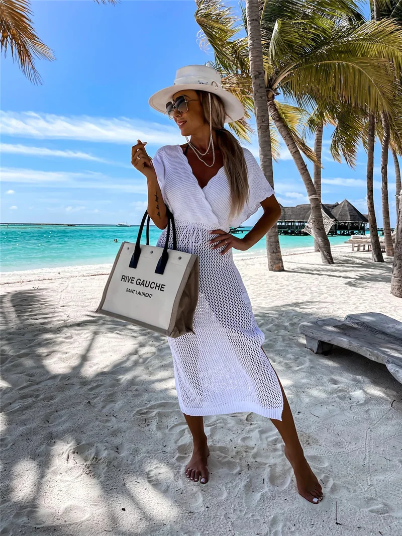 White Crochet Tunic Bikini Cover Ups Sexy Hollow Out Long Dress V