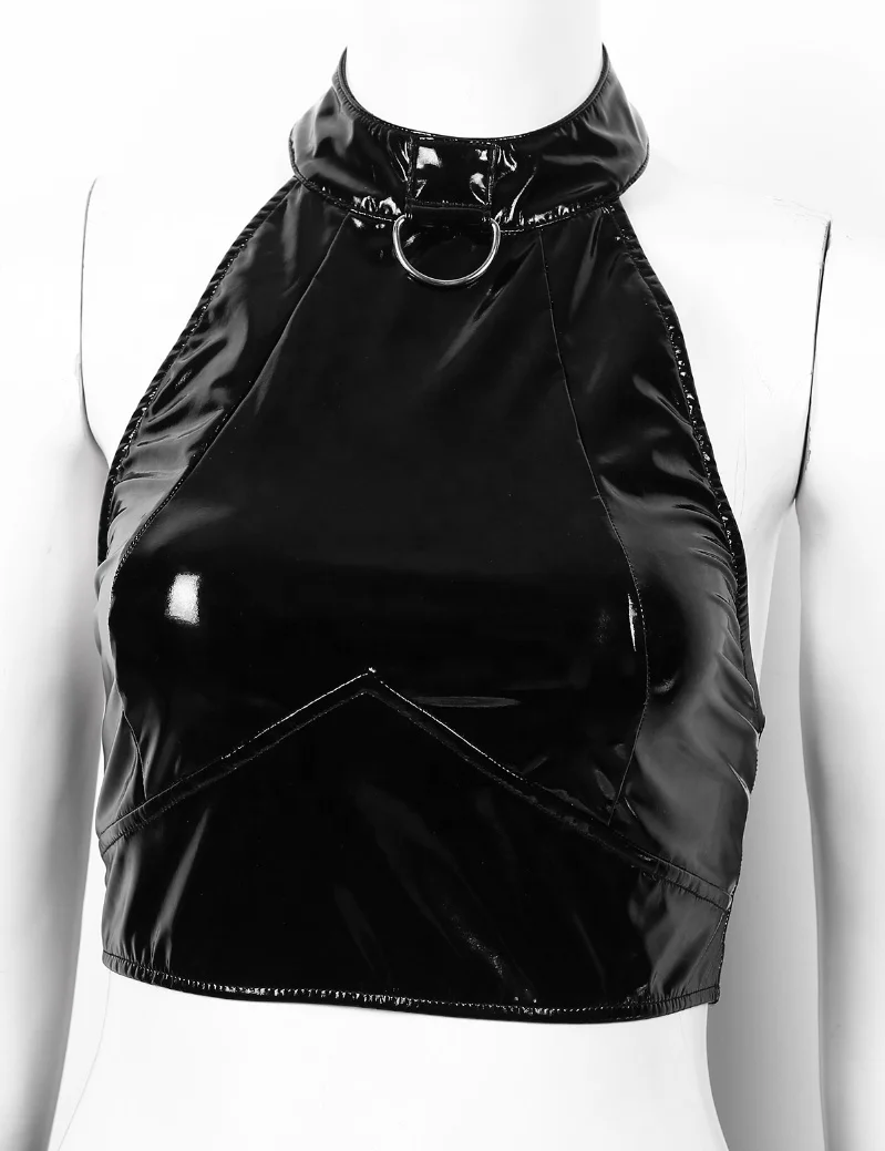 Cheap 2 pcs Leather Wetlook Swimsuit Lingerie Set Womens Sleeveless Crop Top And High Cut Briefs