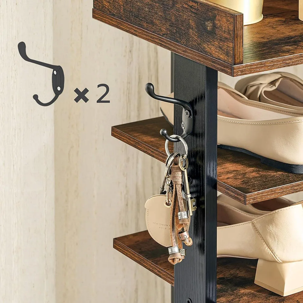 7 Tier Rustic Brown Wooden Vertical Shoe Rack Modern Design Narrow Space-Saving Shoe Tower for Bedroom & Living Room details