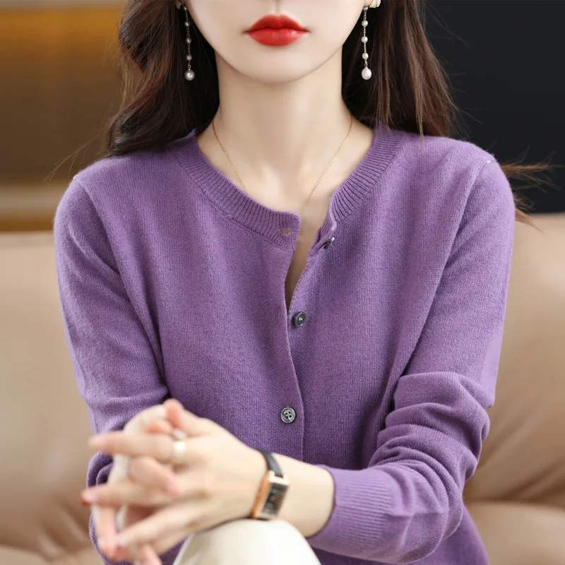 Ladies Autumn and Winter New Knitted Sweater Cardigan Women's Sweater Round Neck Short Slim Non-wool Sweater Jacket