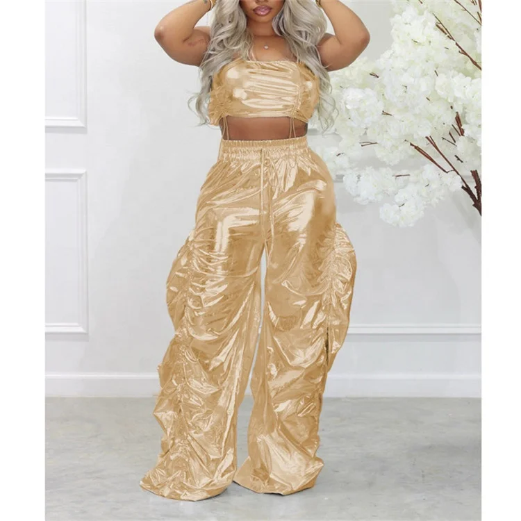 Summer Outfits Clothes Streetwear Gold silver 2 Two Pieces Sets 2023 Strapless Crop Tops Baggy Ruched Pants Suits