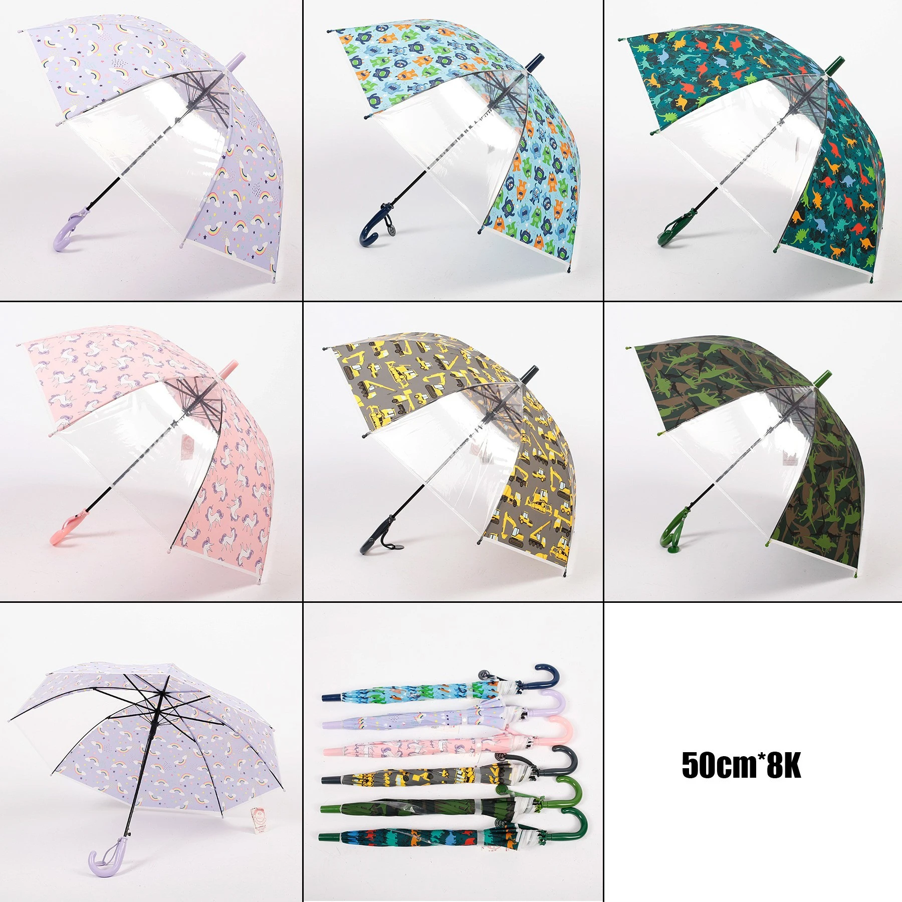 DD1773  One-piece Clear PVC Dome Bubble Umbrella Kids Transparent Carton Rain Umbrella with Easy Grip Handle