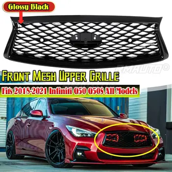 Front Grille For Infiniti Infiniti Q50 Q50S 2018-2021 ABS Glossy Black Replacement Bumper Hood Mesh Kit Grill