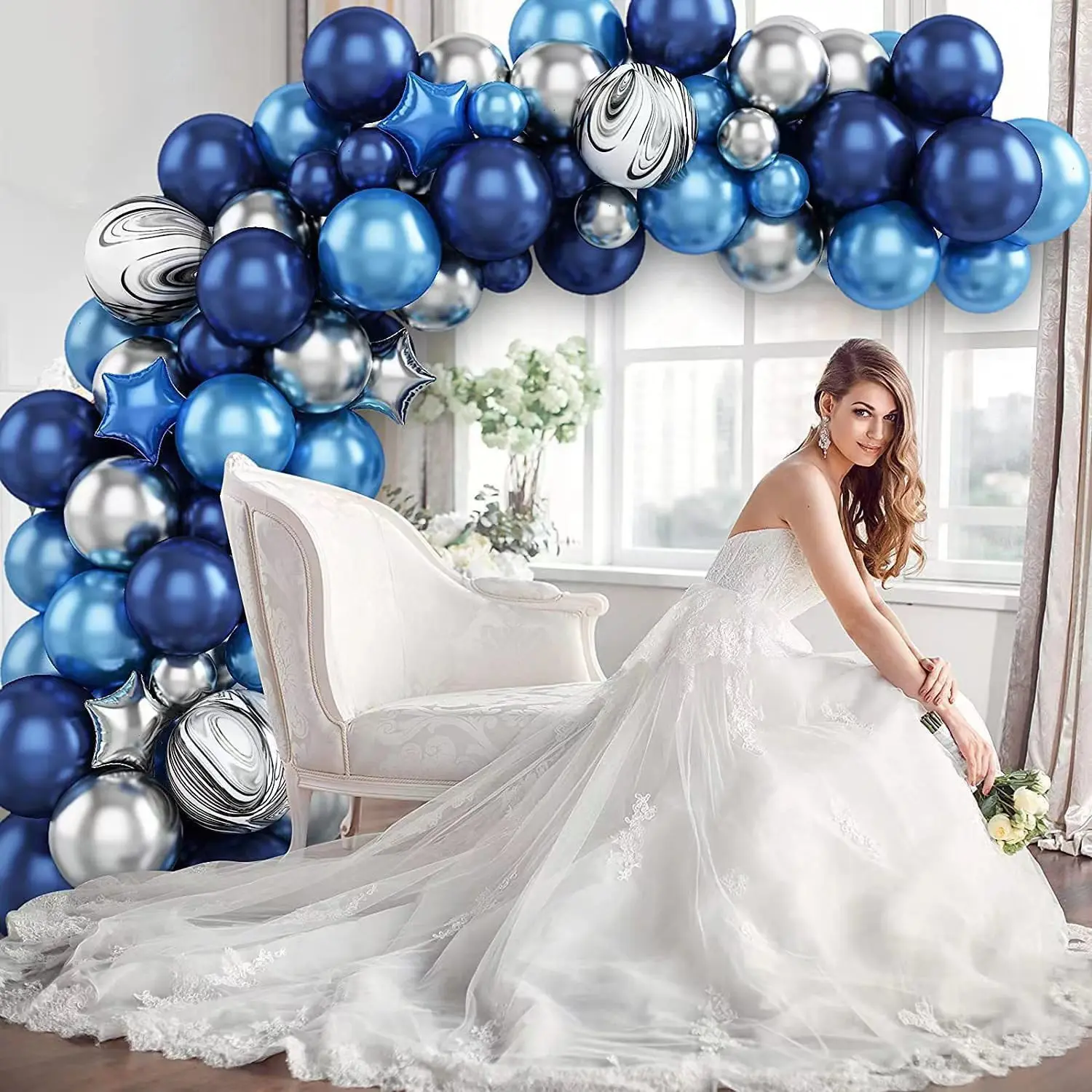 Navy blue Metallic blue Silver Balloon arch set Children's birthday party wedding party decorations