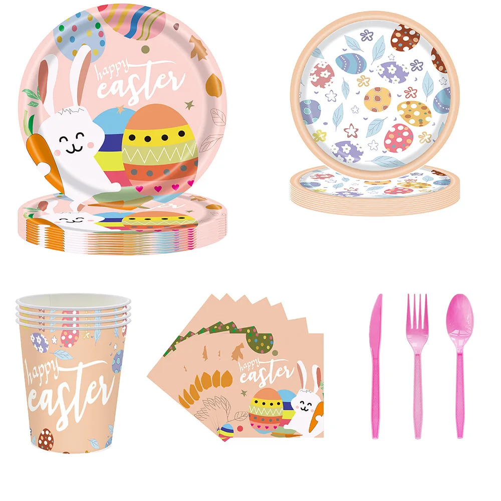 Custom Rabbit Print Disposable Paper Plates and Cups Set Easter Party Decoration for Birthday Tableware & Table Decorations