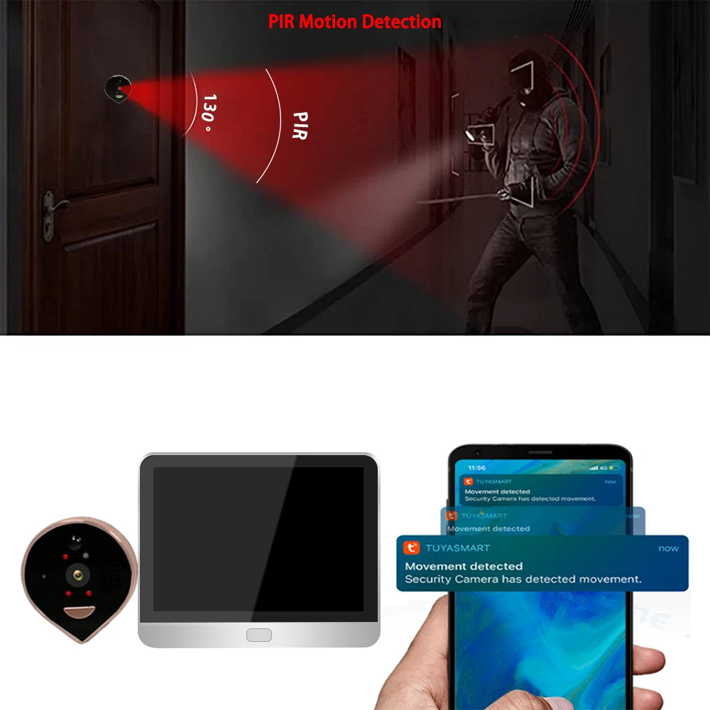 Tuya Smart 2MP WIFI Peephole Eyecat Camera Video Doorbell PIR Detection 4.3 ich LCD Screen Video Doorbell with Monitorl