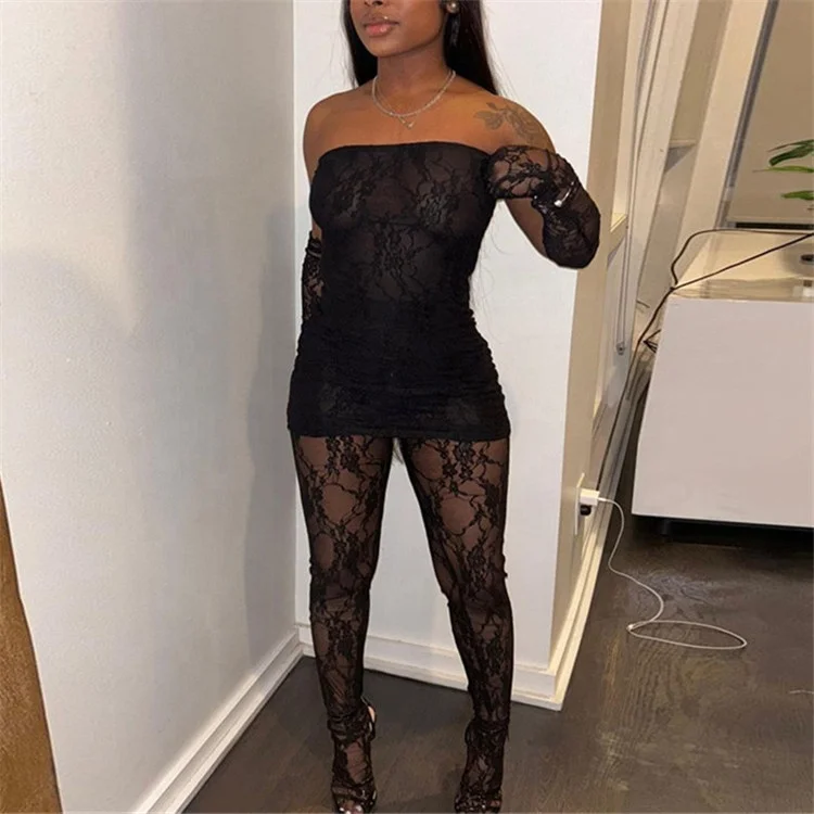 Lace See Through 2 Piece Set Women Sexy Strapless Wrap Dress With Lace Mesh Stockings Pantyhose Nightclub Outfit