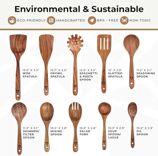 10pc Eco-Friendly Teak Wooden Kitchen Utensils Set with Lacquered Multi-Color Spurtle Wooden Spoon and Vegetable Spatela