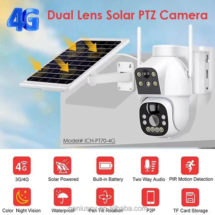 Camhipro Low Power Dual-lens 4MP Wi-Fi/ 4G Wireless Dome PTZ Pan Tilt Solar Battery Camera With Dual PIR Motion Detection Alarm