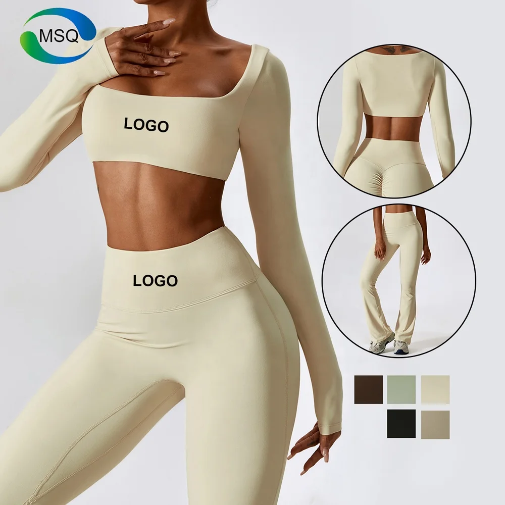 Custom Logo Active wear Gym Fitness Sets 2 Piece long sleeve Top Sports Bra High Waist Leggings Workout Set for Women
