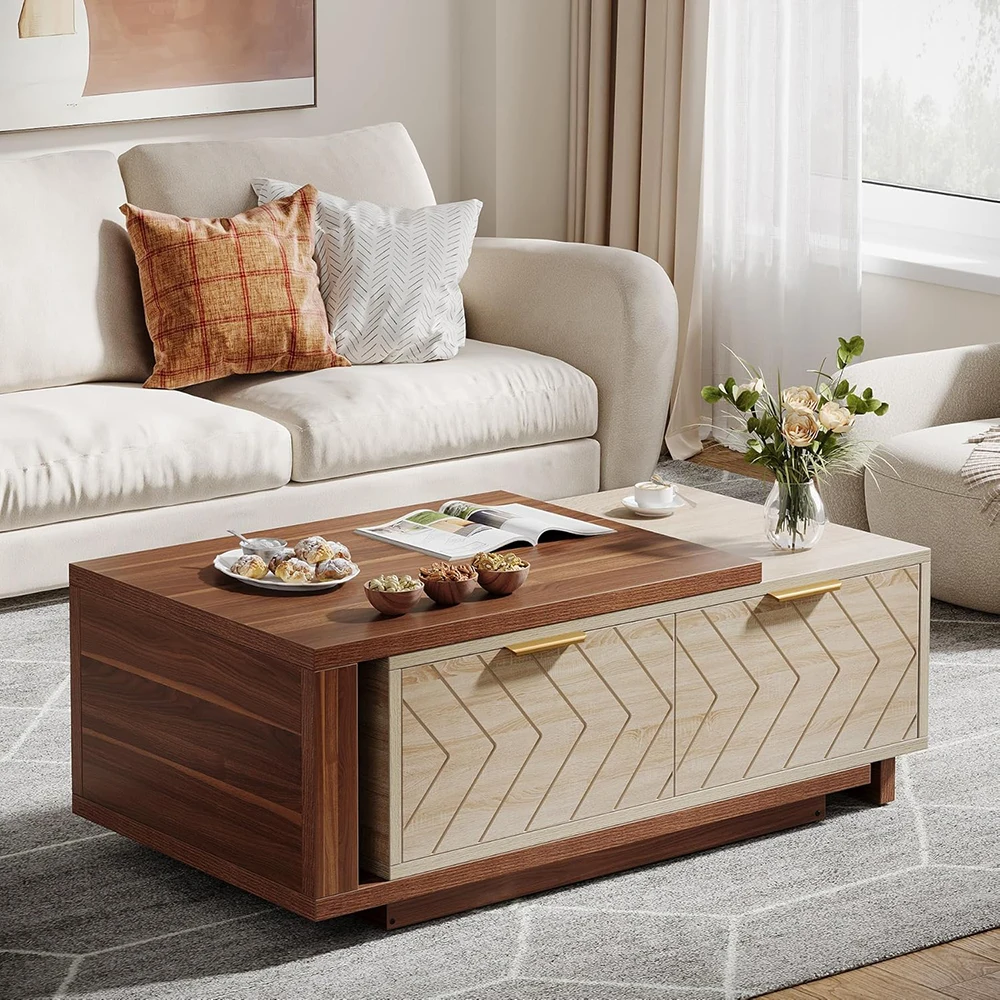 Adjustable Length Reversible Wood 42"-65" Extendable Coffee Table 2 Storage Drawers Dual-Tone Large Long Rectangular Table details