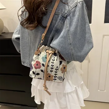 2024New personalized casual popular one-shoulder Chinese ancient style crossbody drawstring bucket bag ladies retro bag