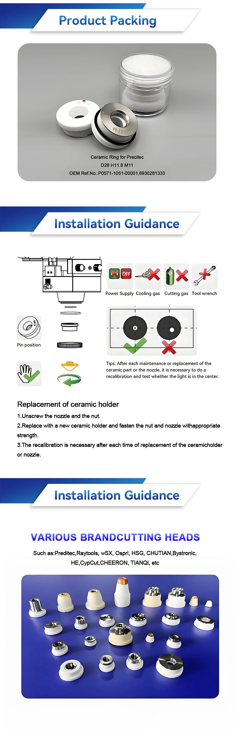 Laser Ceramic Nozzle Holder Ring KT B2 Con D28*H11.8*M11*0.75 New 3000W Competitive Price for Precitec