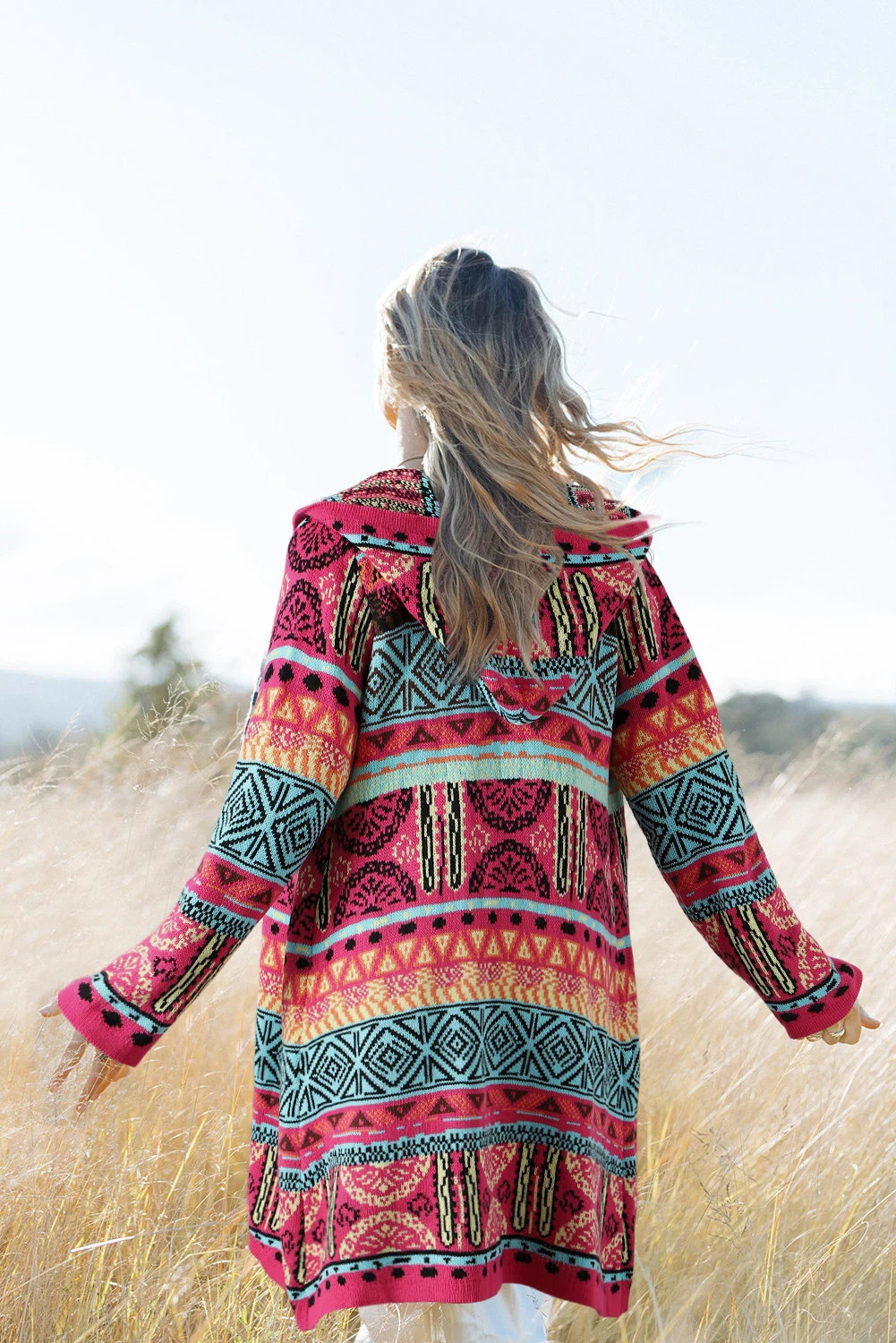 Dear-Lover Boho Aztec Knitted Pom Pom Tie Long Sweater Women Hooded Maxi Cardigan