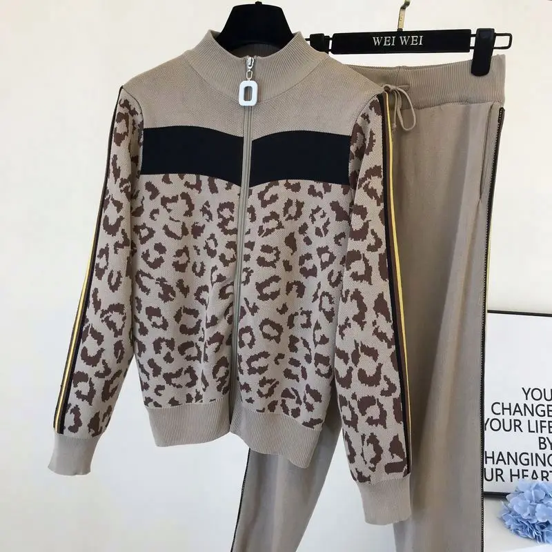 Leopard 2 Pieces Sets Women Tracksuits Sweat Suits Spring Zipper Cardigan Sweater + Capri Harem Pants Women Outfit Sets