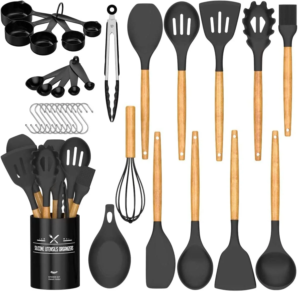 33-Piece Custom Kitchen Set with Silicone Spatula and Wood Handle Hook for Home or Picnic Serving Utensils