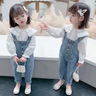2021 Girl Cute Doll Collar Shirt Jean Overalls Set