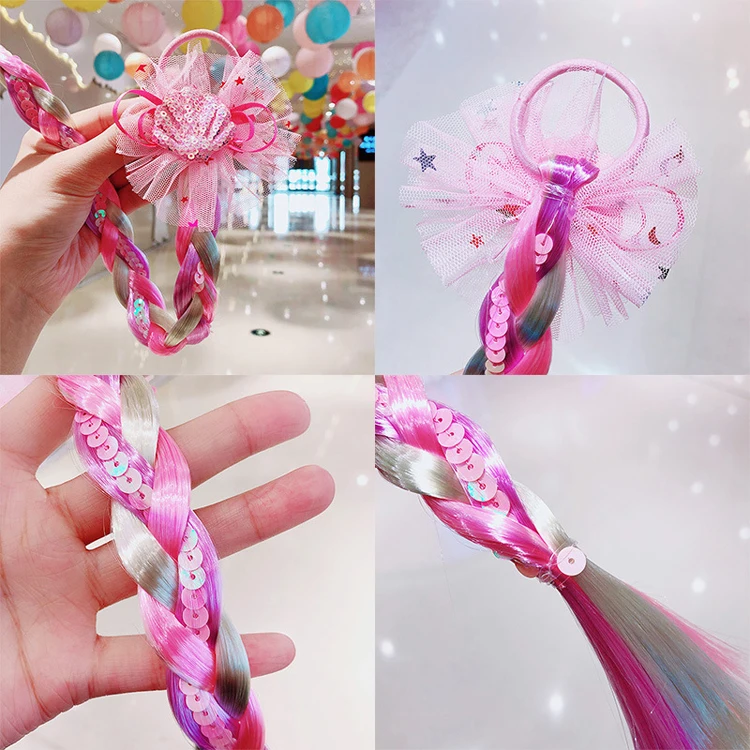 Children's cartoon unicorn color wig hair rope girl baby twist braid hair ties princess  hair accessories